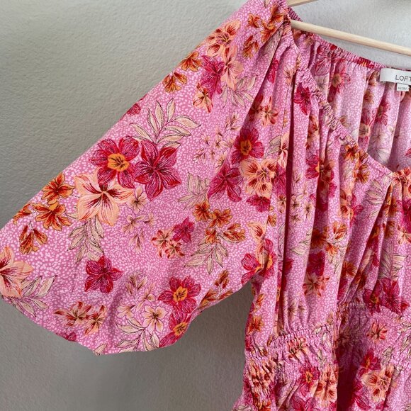 LOFT Womens Plus XXL Floral Pink Lily Gathered Waist V Neck Blouse Shirt Top - Picture 12 of 14